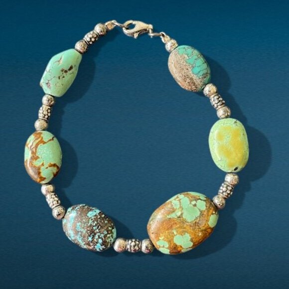 Turquoise Stone Bead Oval Nugget Sterling Silver Bracelet Hand Crafted Chunky - Picture 1 of 9
